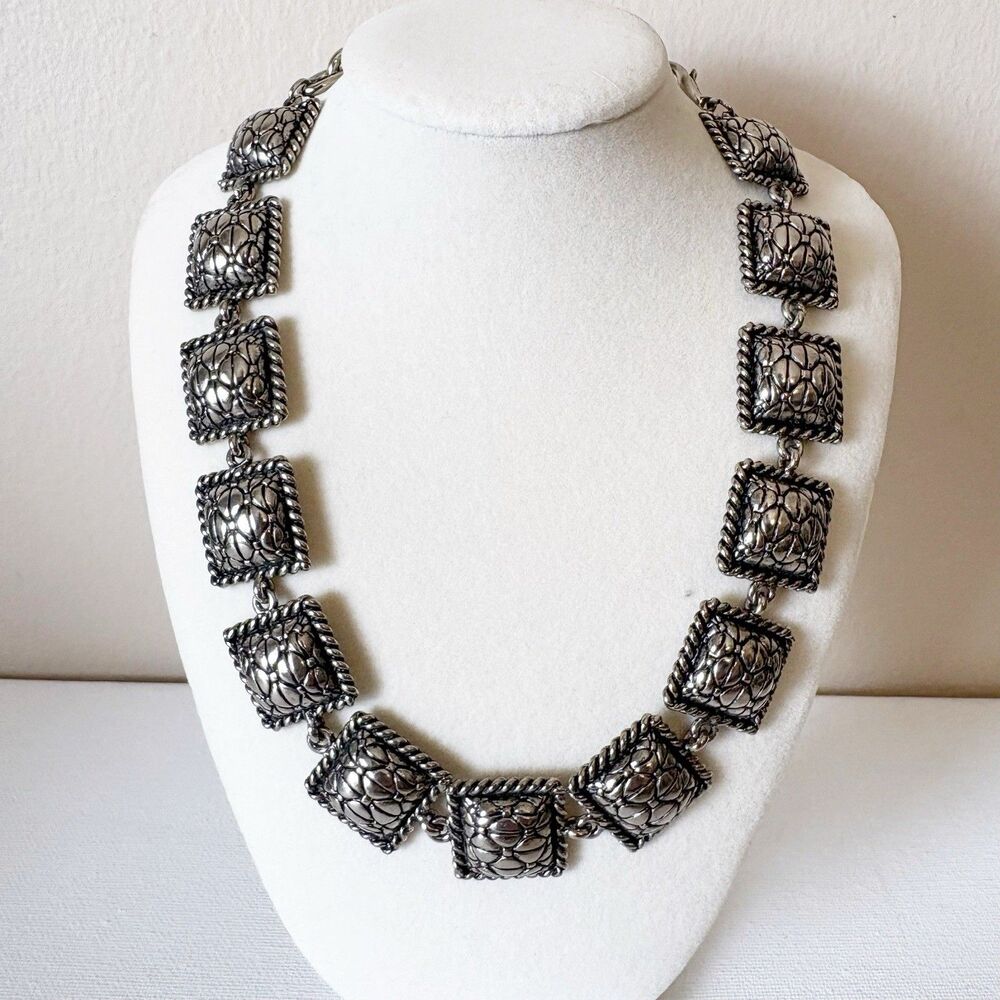 Vintage Designer FLP by Nicole Murphy Silver Tone Square Chunky Necklace 16”